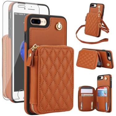 Imagem de Capa de celular para iPhone 7plus 8plus 7/8 Plus com protetor de tela de vidro temperado, alça transversal para pulso, bloqueio de RFID, compartimento para cartão i Phone7s 7s + 7+ 8s 8+ Phones8 7p 8p