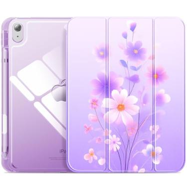 Imagem de INFILAND Capa compatível com iPad A16 11ª geração 2025, iPad 10ª geração 2022, capa protetora fina transparente com suporte para Apple Pencil e adaptador de carregamento (pétalas de ametista)