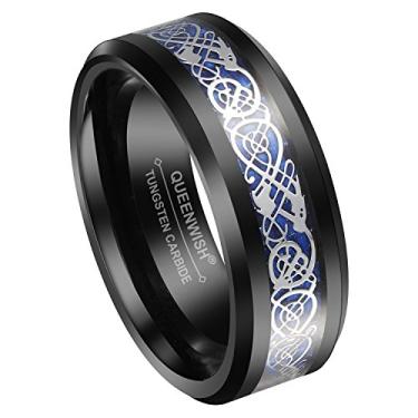 Imagem de QUEENWISH Anel de carboneto de tungstênio azul de 6 mm/8 mm celta dragão azul fibra de carbono incrustada aliança de casamento masculina ajuste confortável, Carboneto de tungstênio, Sem pedra preciosa