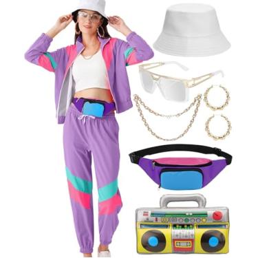 Imagem de VillbeCoser Conjunto de acessórios para fantasia de agasalho feminino dos anos 80 e 90, jaqueta corta-vento neon, Roxa, G