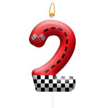 Imagem de Vela de aniversário com tema de carro de corrida com design de bandeira quadriculada - Topo de bolo durável para decorações de festa de carro de corrida, suprimentos de aniversário - Vela número 2