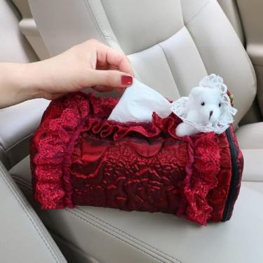 Imagem de MINGZAIQIPEI Acessórios interiores automotivos para carro torre de renda vermelho vinho fofo quatro estações, ajuste universal na maioria dos carros SUV (caixa de lenços com viseira de sol)