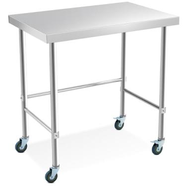 Imagem de COZONY Mesa de aço inoxidável 91 x 61 cm com rodas, mesa de metal para cozinha e restaurante de aço inoxidável com base aberta