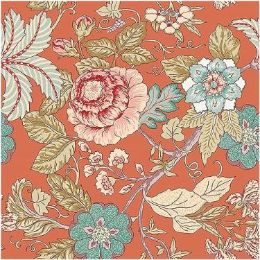 Imagem de Blooming Wall Papel de parede vintage laranja vermelho penoy com folhas verdes descascar e colar mural de parede autoadesivo decoração de parede, 14,5 pés quadrados/rolo