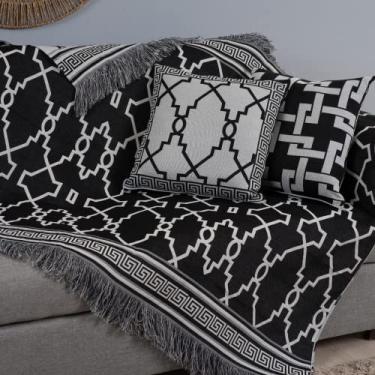 Imagem de Manta Xale Para Sofá com Almofadas Decorativas Cheias Jacquard com Franjas Dupla Face Decoração Sala Grécia (Preto)