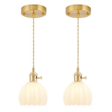 Imagem de Pacote com 2 mini luzes pendentes Kitchen Island, luminária pequena ajustável com abajur de vidro tulipa branco leite, iluminação pendente dourada vintage, luminária pendente para quarto, sala de