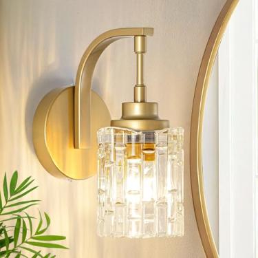 Imagem de JSDORSY Arandela de parede dourada para banheiro, arandelas de latão vintage de 1 luz com sombra de vidro transparente, iluminação de montagem de parede com fio para espelho quarto, corredor, cozinha