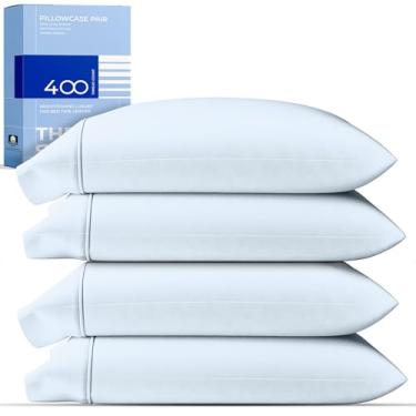 Imagem de Conjunto de fronhas King Size 100% algodão de 4 a 400 fios da THREAD SPREAD, fronhas de cetim ultramacias, conjunto de 4 fronhas para travesseiros King - azul claro