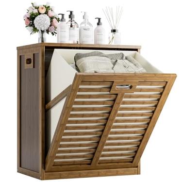 Imagem de HITNET Cesto de roupa suja inclinável, armário de cesto de roupa de bambu com cesto de tecido removível, organizador de armazenamento independente para banheiro, sala de estar