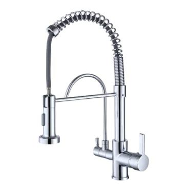 Imagem de HUAHUALALA Torneira de pia de cozinha 3 em 1 2 alças com pulverizador de mola, torneira de cozinha com filtro, torneiras de latão para água potável osmose reversa cromada