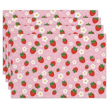 Imagem de Conjunto de 4 jogos americanos de morango, 30 x 45 cm, impermeável, lavável e resistente ao calor, jogo americano de mesa para jantar, restaurante, decoração de casa de fazenda, decoração de mesa
