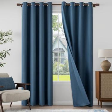 Imagem de Cortinas texturizadas 100% blackout de linho, 203 cm de comprimento, conjunto de 2 painéis para sala de estar, quarto, cortinas leves com ilhós, proteção de privacidade, azul escuro, 132 cm L x 213 cm