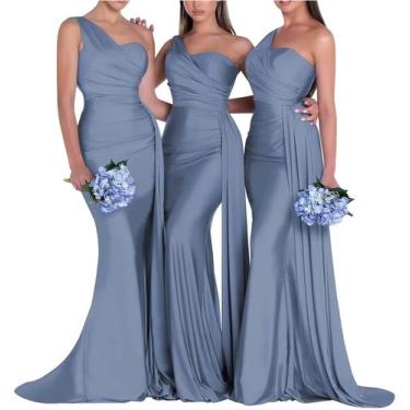 Imagem de Vestido de dama de honra Rjer One Shoulder Satin Mermaid Dusty Blue