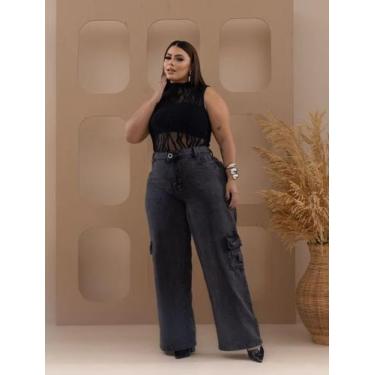 Imagem de Calça Jeans Cargo Feminina Cinza Grafite Cintura Alta - Explosão, 52