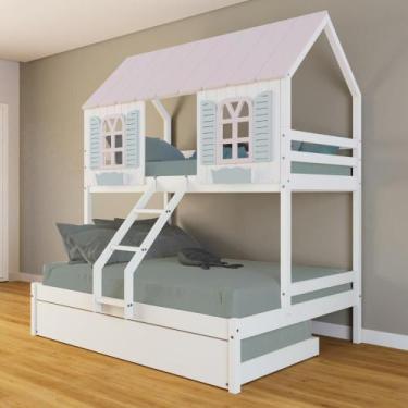 Imagem de Treliche Casal/ Solteiro Casinha Bela - Madeira Maciça Branco/Rosa/Ver