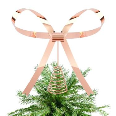 Imagem de Enfeite de árvore de metal com laço de Natal, enfeite de laço de ouro rosa de Natal para guirlanda de árvore de Natal, decoração interna e externa, 24 x 21 cm