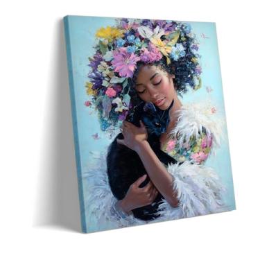 Imagem de Linda impressão de arte em tela de mulher negra e gato, decoração de parede floral, decoração de casa estética moderna, presente ideal (arte 5,5 cm x 61 cm emoldurado)