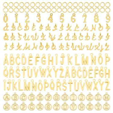Imagem de Ouligay 376 peças de pingentes de letras douradas para fabricação de joias, 3 estilos, alfabeto abc, letras para fazer pulseiras, colar, pulseira e artesanato, com 200 peças de anéis abertos