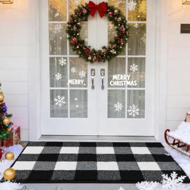 Imagem de REFETONE Tapete xadrez Buffalo para ambientes externos, 69,8 cm x 109,2 cm, preto e branco, suporte de borracha, antiderrapante, tapete de entrada lavável absorvente, capachos em camadas para varanda