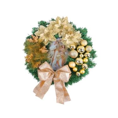 Imagem de IEUDNS Guirlanda de Natal para porta com laço de frutas vermelhas, guirlanda de bola de Natal, decoração de Natal para porta da frente, arranjos de feriados, Ouro 40cmx40cmx8cm