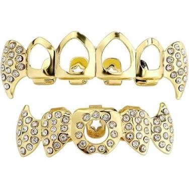 Imagem de YOSZO Vampire Teeth Fang Grillz Aparelhos ocos para dentes afiados banhados a ouro 14K Presas Hip Hop com dentes superiores e inferiores para homens e mulheres (prata), Medium, Pedra preciosa