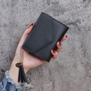Imagem de Carteira pequena feminina ultrafina de couro PU com suporte para cartão de crédito, embreagem e borla pendente, Preto, Tendência