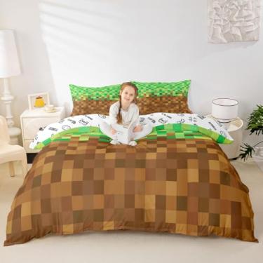 Imagem de Manfei Conjunto de capa de edredom Pixelated tamanho casal, jogo de cama de mineiros de videogame, 3 peças para decoração de quarto, roupa de cama infantil de grade geométrica, capa de colcha verde
