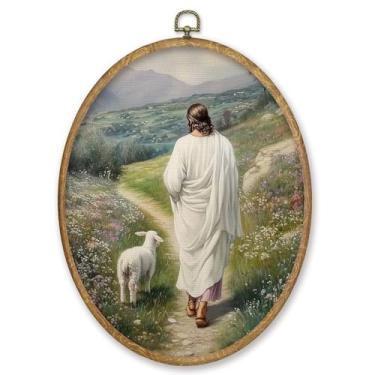 Imagem de CGBHW Decoração de parede oval de cordeiro cristão Jesus, impressões em tela emolduradas, arte de parede de casa de fazenda religiosa para decoração de sala de estar, galeria, quarto, sala de estar