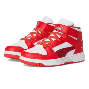 Imagem de PUMA Tênis infantil unissex Rebound Layup Mid Hook and Loop (criança pequena), Puma Branco/PUMA Red/PUMA Silver, 11 Little Kid