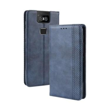 Imagem de Capa para Asus Zenfone 6 ZS630KL,Retro Flip magnético,Caso de telefone de couro PU,Design de carteira com 3 slots de cartão e 1 clipe de dinheiro -Blue