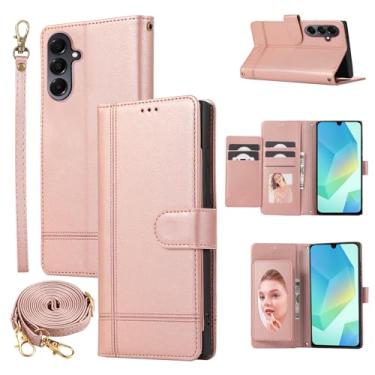 Imagem de Dswteny Capa carteira compatível com Samsung Galaxy A16/A17/A26 5G, alça transversal, couro sintético espelhado, flip stand, capa para celular A 16 17 26 16A 17A 26A 4G SM-A166U mulheres homens ouro