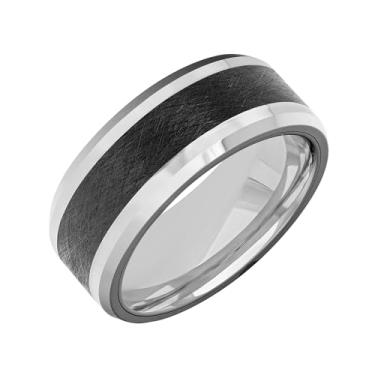 Imagem de Aliança de casamento masculina de carboneto de tungstênio - tungstênio cinza de 9 mm com incrustação de cerâmica preta, acabamento liso polido, perfil plano, bordas arredondadas, ajuste confortável
