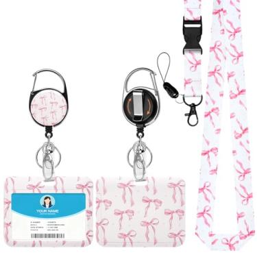 Imagem de Soleebee Porta-crachá de identificação com cordão, emblemas de identificação horizontais com laço rosa fofo e cordão destacável, chaveiro retrátil, carretel resistente com mosquetão giratório de 360°