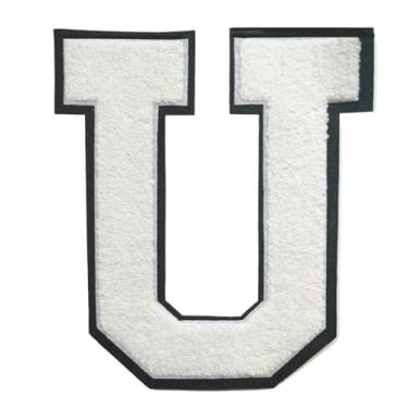 Imagem de 1 PÇ Patch de letra de chenille de ferro branco de 16,5 cm com borda preta – Remendos do alfabeto para roupas, jaquetas, mochilas, chapéus para decoração personalizada, nome personalizado e artesanato