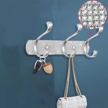 Imagem de BlackFish 1 suporte de parede, suporte de parede com strass prata brilhante, 3 ganchos, ganchos decorativos para parede, gancho duplo adequado para casaco, chapéu, toalha, roupões