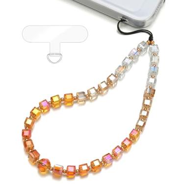 Imagem de TRBR Pulseira para celular com pingente de cristal de cubo gradiente âmbar, corrente de pulseira com contas de vidro, pulseira antifurto e mãos livres para iPhone e mais capas de celular