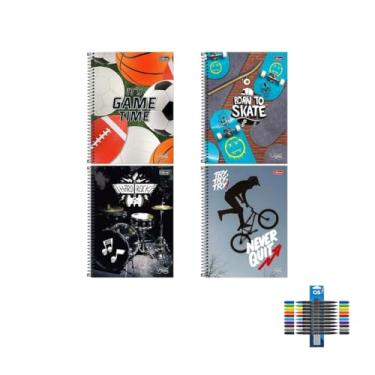 Imagem de Kit Caderno Universitário Vibe Masc 80F Tilibra + Caneta Esferográfica Spiro 0.7mm + Marcador Brush 10 Cores Cis