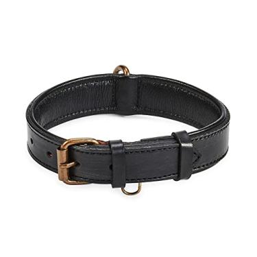 Imagem de Coleira de cachorro de couro real acolchoada interior macio com visual vintage premium feito à mão com anel de etiqueta para animais de estimação pequenos médios e grandes (médio (3,16 cm de largura para 34,32 cm - 44,5 cm de pescoço), preto)