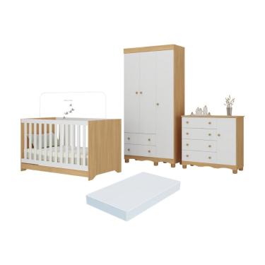 Imagem de Quarto De Bebê Completo Berço Americano 3 Em 1 Colchão Dengo Multimóveis MP4608 Madeirado-branco