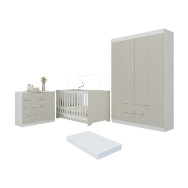 Imagem de Quarto De Bebê Completo Berço Americano 3 Em 1 Colchão Encanto Multimóveis MP4597 Branco-off White