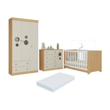 Imagem de Quarto De Bebê Completo Berço Americano 3x1 Colchão Pirulito Multimóveis MP4637 Madeirado-off White