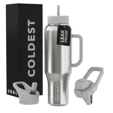 Imagem de Copo Coldest com alça e canudo - Copo isolado 100% à prova de vazamento com tampa e canudo (3 tampas) - Copos de aço inoxidável para mulheres e homens, base compatível com porta-copos, 1,304 g (aço