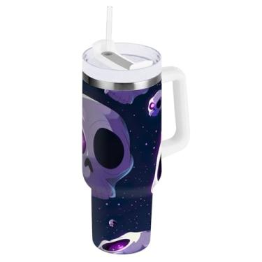 Imagem de STAYTOP Copo de caveira brilhante de 1,134 g com tampa e canudo, copo isolado de aço inoxidável durável à prova de vazamento com alça, garrafas de água à prova de derramamento para viagens