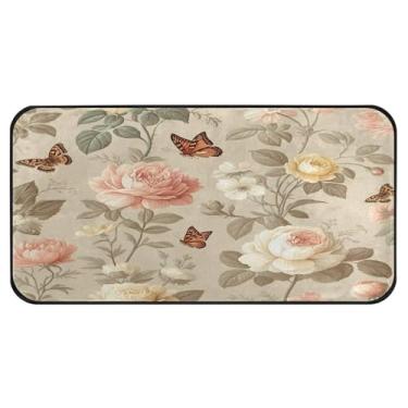 Imagem de Burbuja Tapete de cozinha floral vintage 51 x 99 cm, tapete lavável antiderrapante com suporte de borracha, tapete para cozinha, sala de estar, banheiro, decoração de casa