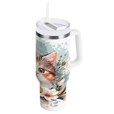 Imagem de Burbuja Flores de gato fofas copos isolados de 1,134 g com alça e tampa de palha, caneca de viagem de aço inoxidável de parede dupla à prova de vazamento, sem BPA, presente para mamãe e papai