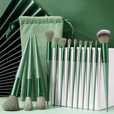 Imagem de Conjunto de 13 pincéis de maquiagem verde Matcha frescos para maquiagem profissional para base de blush sombra e contorno, kit completo de ferramentas de maquiagem para rosto e olhos