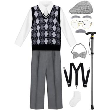 Imagem de Gnodio Fantasia de 100 dias de escola para meninos, fantasia de velho para crianças, 100º dia de escola, acessórios de fantasia de vovô, Cinza com azul marinho, cinza claro, 3-4 Anos