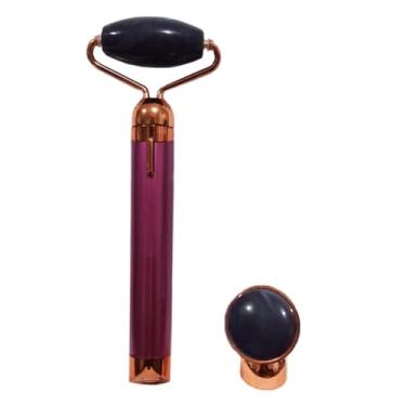 Imagem de Massageador Facial Vibratório Profissional com Rolo e Pedra de Quartzo, Cabeça Dupla, Bateria AA, para Redução de Rugas e Flacidez, Cor Vinho e Cobre