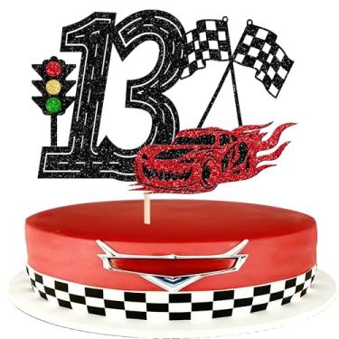 Imagem de 1 pacote de topo de bolo de carro de corrida 13º aniversário glitter semáforo carro de corrida bandeira quadriculada escolha de bolo decorações de bolo de treze anos para tema de corrida chá de bebê