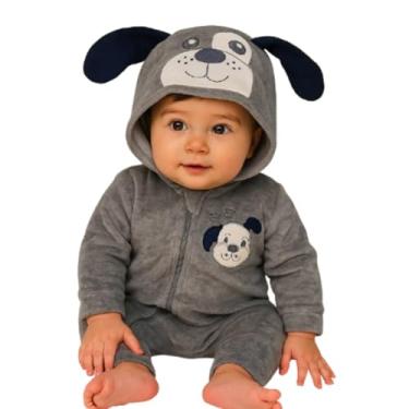 Imagem de Macacão Infantil Plush Bebê Fantasia Manga E Capuz Temático (Cinza/Cachorro, RN)